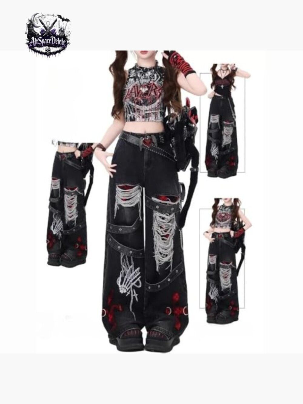 High Waist Ripped Baggy Jeans Straight Leg Goth Grunge Pants - Picture 4 of 7